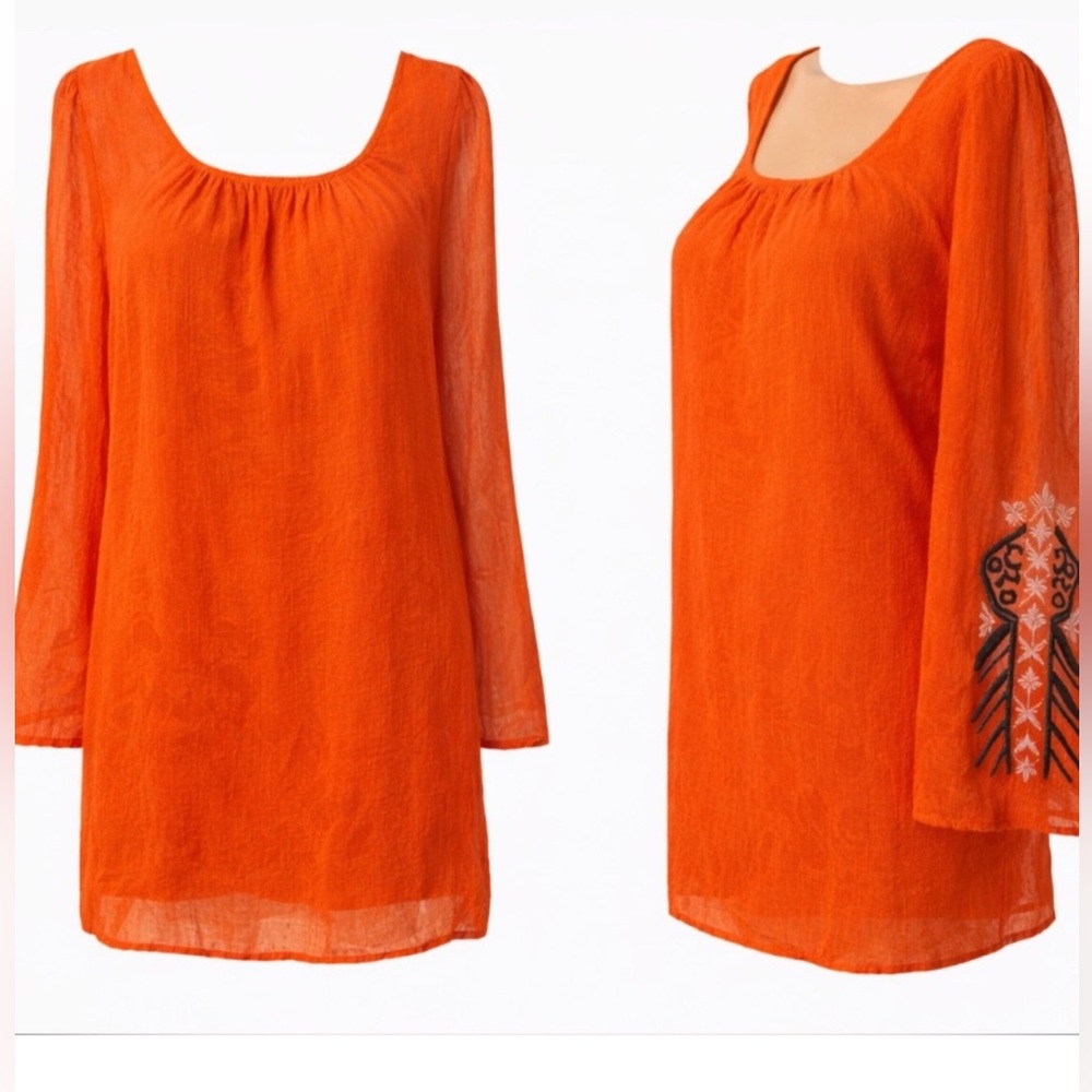 Boho Embroidered Tunic Top Orange Peasant Blouse Beach Cover Up M